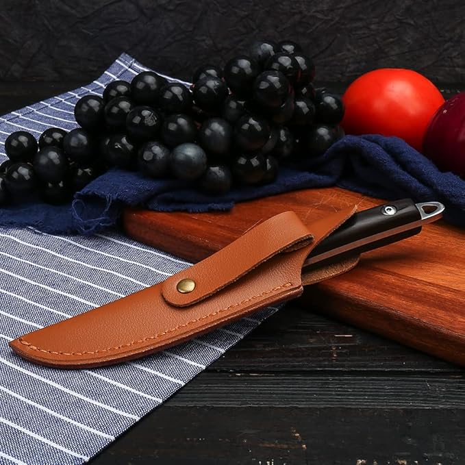 WILDMOK Fruit Knife Carving knives Stainless Steel 3.3 Inch Utility Knife Fruit and Vegetable Cutting Paring Kitchen Knife with Leather Case (B)