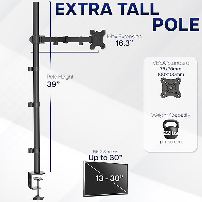 VIVO Extra Tall Single Monitor Desk Mount, 39 inch Pole VESA Stand for 13 to 32 inch Screens and up to 38 inch Ultrawides, Holds 22 lbs, Black, STAND-V011