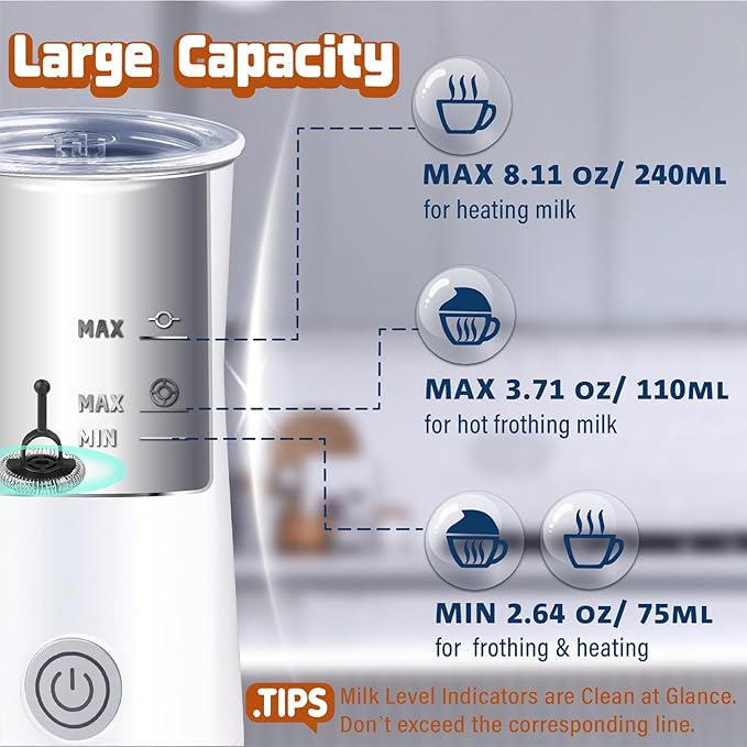 Seydere Simple Milk Frother, 2 in 1 Milk Steamer and Frother, Electric Milk Steamer, Milk Warmer and Hot Milk Foam Maker for Latter, Macchiato, Cappuccinos (White)