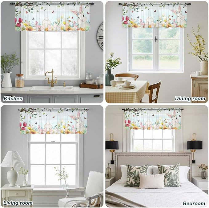 Easter Sheer Valances for Windows 42"x12", Light Filtering Kitchen Curtains