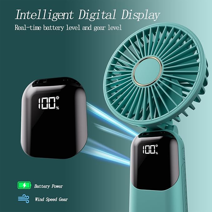 GOCKERA Portable Fan, 4200mAh Battery Operated Fan, 5 Speeds&Digital Display, Makeup Fans for Women with Base, 180°Foldable 3in1 Handheld/Neck/Desk Fan for Outdoor Indoor,Ultra Quiet (Green)