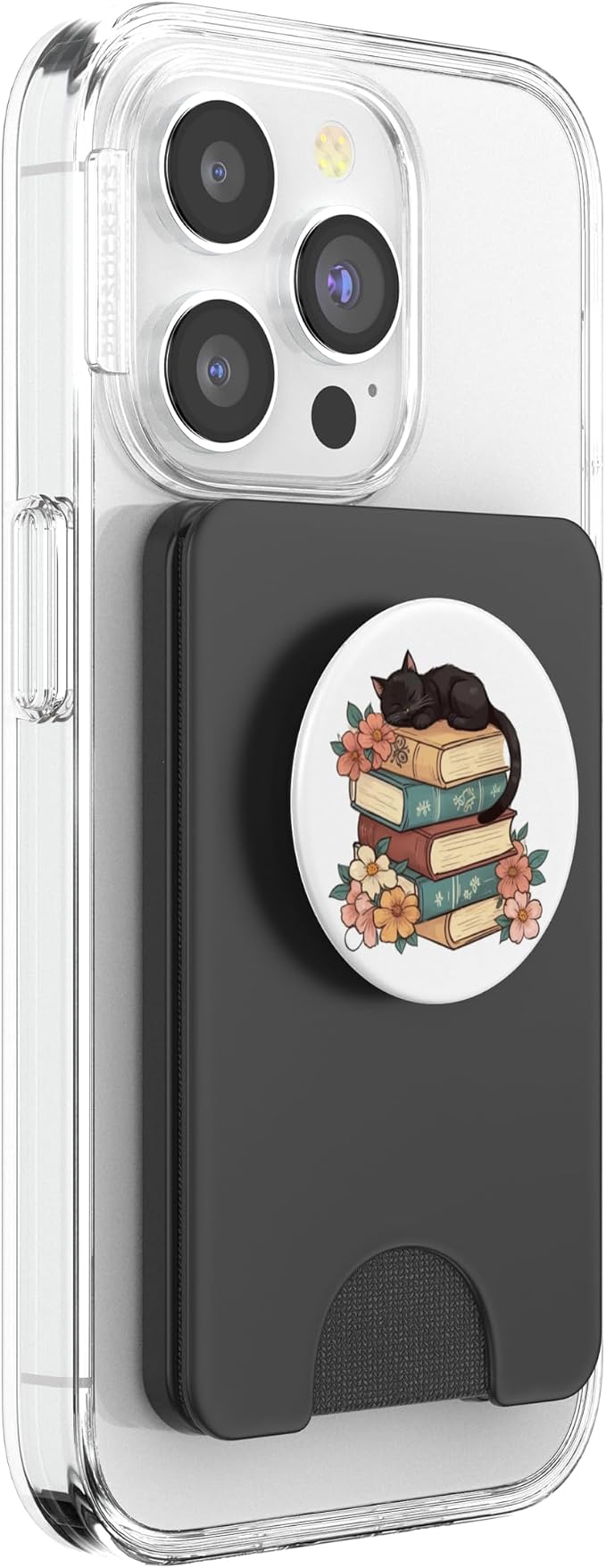 Black Cat Sitting on Books Booktrovert Librarian Bookish PopSockets PopWallet for MagSafe