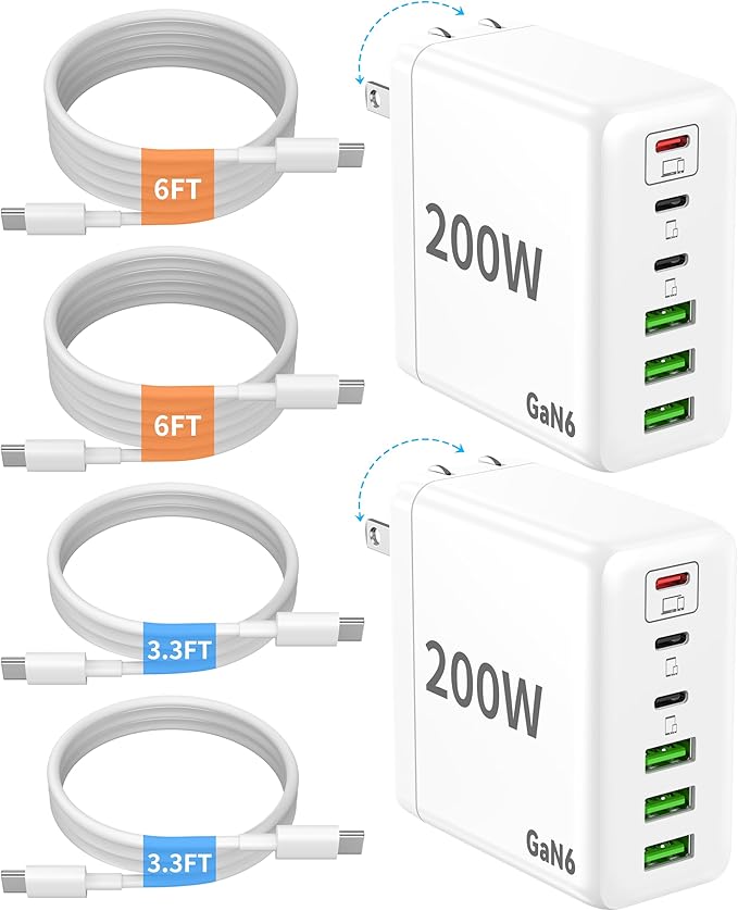 2 Pack USB C Charger Block 200W GaN Super Fast Charger Type C Fast Charging 6 Port Foldable PD Charging Station for All Phone/Android Samsung Galaxy S25/S24/MacBook iPad