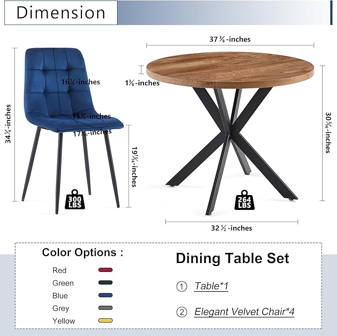 5-Piece Round Dining Table Set - Kitchen Table Chairs Set of 4 with Blue Velvet Upholstered Chairs -Dining Table Set for 4