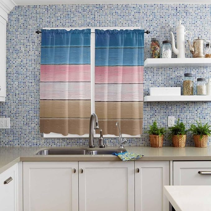 Blue Pink Brown Gradient Wood Grain Window Valance Curtains, Vintage Wood Board