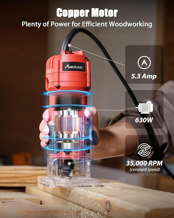 AVID POWER 630W 5.3 Amp Wood Router Tool with Fixed Base Compact Router for Woodworking, 35,000 RPM, 1/4” collet & 5 Trim Bits, Straight & Roller Guide, 2 Wrenches and Carbon Brushes