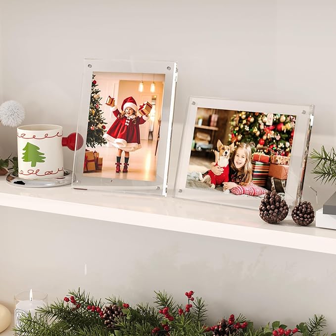 Egofine 5x7 Acrylic Picture Frames Set of 2, Clear Picture Frames with Stand, Magnetic Acrylic Photo Frames for Tabletop Display Horizontally or Vertically