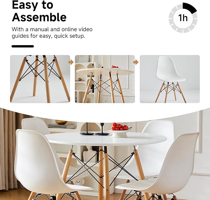 Round Dining Table Set for 4 31.5" Wood Dinner Table Circle Dining Table Kitchen Table Chairs Set of 4 with Wood Strip Base for Kitchen Living Room Space Saving Apartment(White)