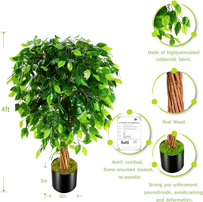 4ft Artificial Ficus Silk Tree (48in) with Plastic Nursery Pot Faux Tree, Fake Plant for Office House Farmhouse Living Room Home Decor (Indoor/Outdoor)