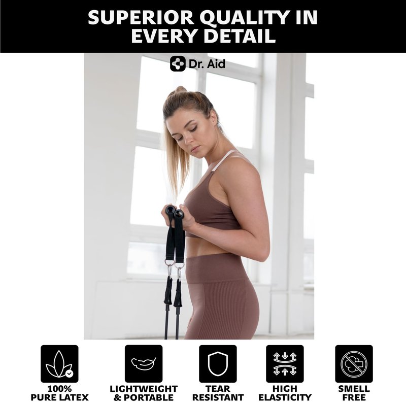 Dr. Aid Resistance Bands with Handles - 5 Stackable Exercise Bands for Working Out, Pure Latex, Smell-Free & Tear Resistant - Workout Resistance Set for Physical Therapy, Strength Training & Stretch