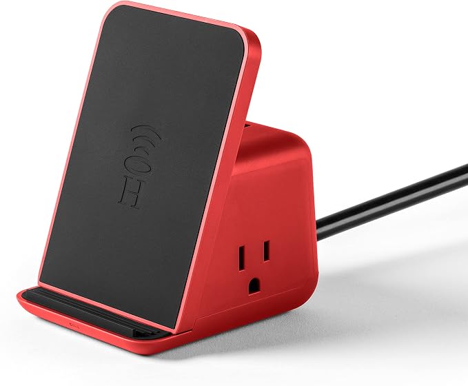 Halo Wireless Charging Pad with 3 USB Ports &amp 2 AC Outlets Phone Charging Station for up to Five Devices Red