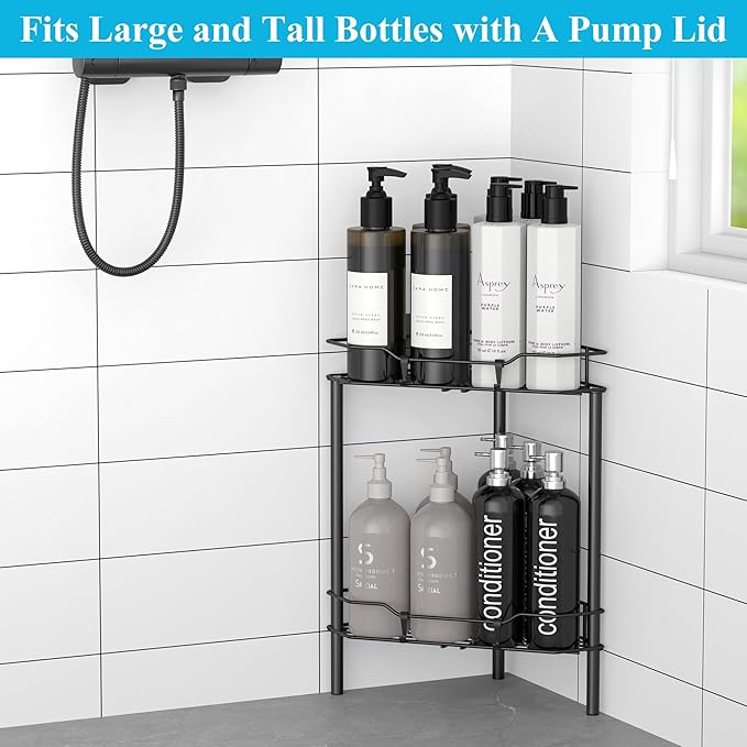 2 Tier Floor Standing Corner Shower Caddy Organizer Shelf with Hooks, Bathroom Shelves Stand Rack, Black