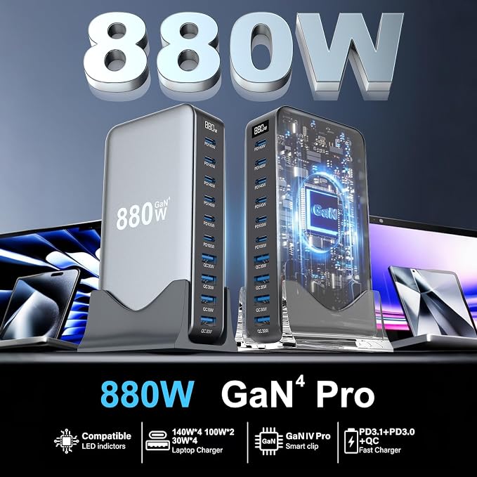 880W USB C Fast Charger Block 10 Port USB Charging Station GaN Ⅳ Pro 140W PD PPS Port for Multiple DevicesLaptop Wall Charger Compatible with DELL HP MacBook ProiPhone17/16 proGalaxy S24.