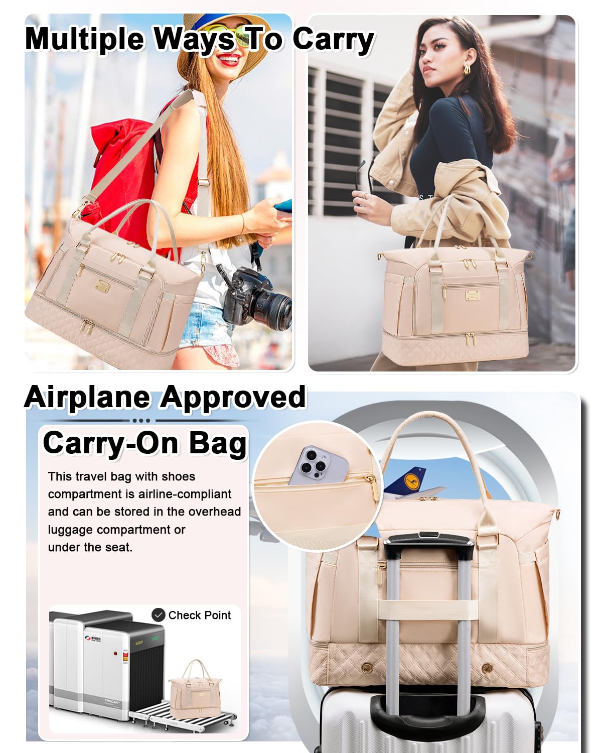 Weitars Women's Gym & Travel Duffle - Weekender with Shoes Compartment, Wet Pocket, Toiletry Bag, Carry-On for Airplanes & Hospital Use