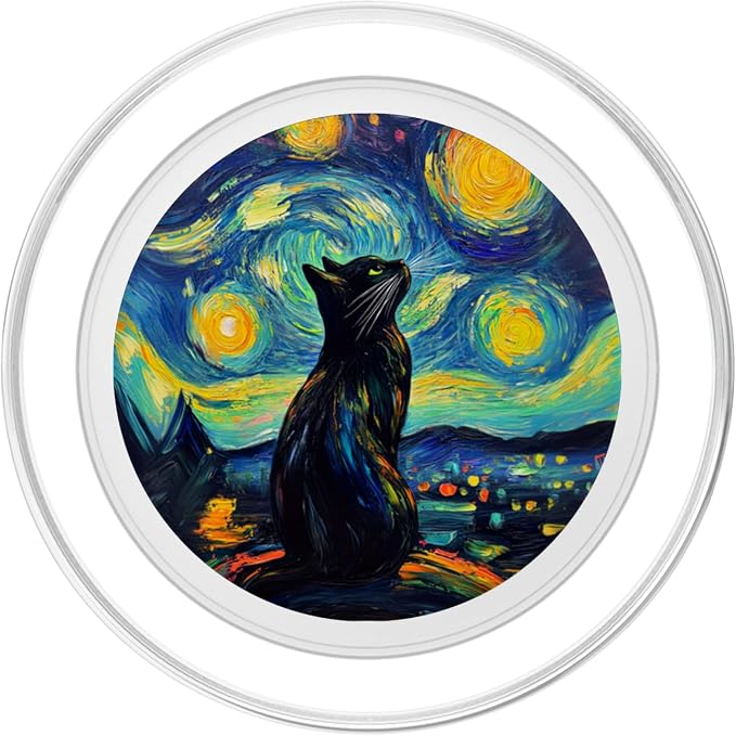 Whimsical Black Cat Under Starry Night for Cat Lover PopSockets PopGrip for MagSafe