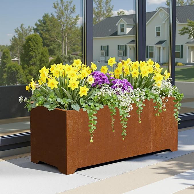Large Planters for Outdoor Plants 32"L x 15"W x 15"H, Co-rten Steel Planter Box with 6 Drainage Holes, Raised Bottom, All-Weather Garden Planter Box for Patio, Lawn, Commercial & Residential