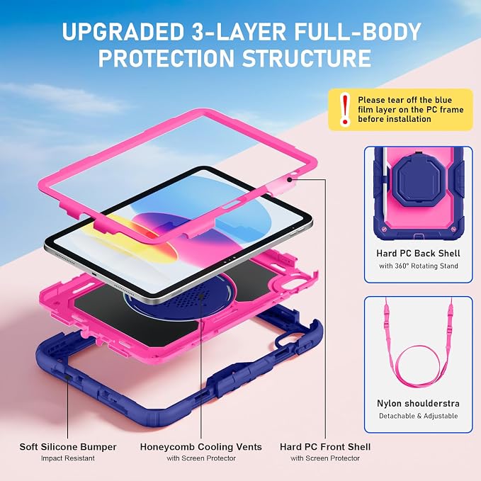 Case for iPad (A16) 11th/10th Generation 11/10.9 2025/2022 Black | Full-body Heavy Duty iPad A16 Case for Adults Kids with Screen Protector 360° Rotating Stand Shoulder Strap Pencil Holder