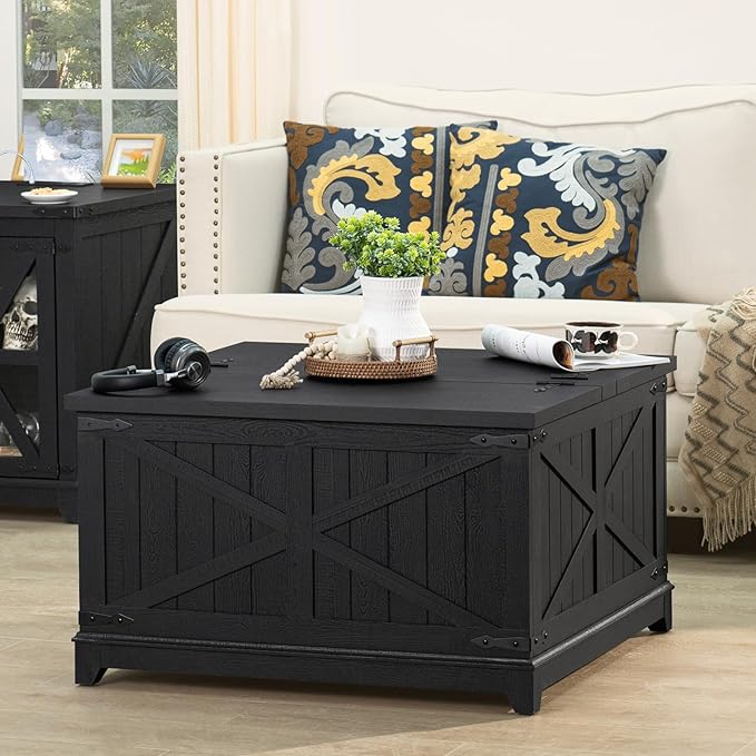 Farmhouse Coffee Table Sets 2 Pieces, Narrow Night Stand with Glass Barn Door Storage, Large Coffee Tables with Hidden Storage Organizer, Wood Furniture Sets for Living Room, Office, Black