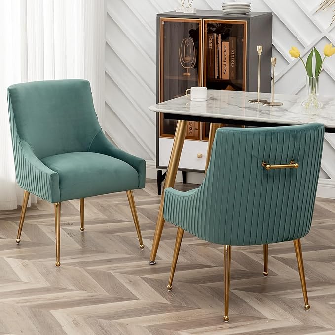 Dining Chairs, Accent Chairs Set of 6, Modern Upholstered Kitchen Dining Room Chairs with Gold Legs, Fabric Tufted Velvet Living Room Chairs for Reception Room Bedroom Guest Room (Green)