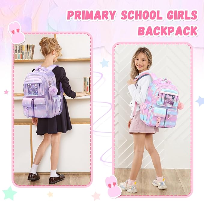 Kids Backpack for Girls - School Bags for Middle School Students - Book Bag for Elementary Primary - Kawaii Ita Backpack - Purple Shell