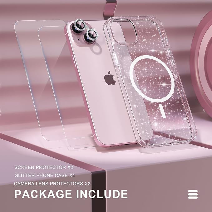 Choiche for iPhone 15 Pro Max Case Compatible with MagSafe Glitter Black | Women Girly Cute Glitter Sparkly Magnetic Phone Case with Diamond Camera Lens Protectors Military-Grade Drop Protection 6.7