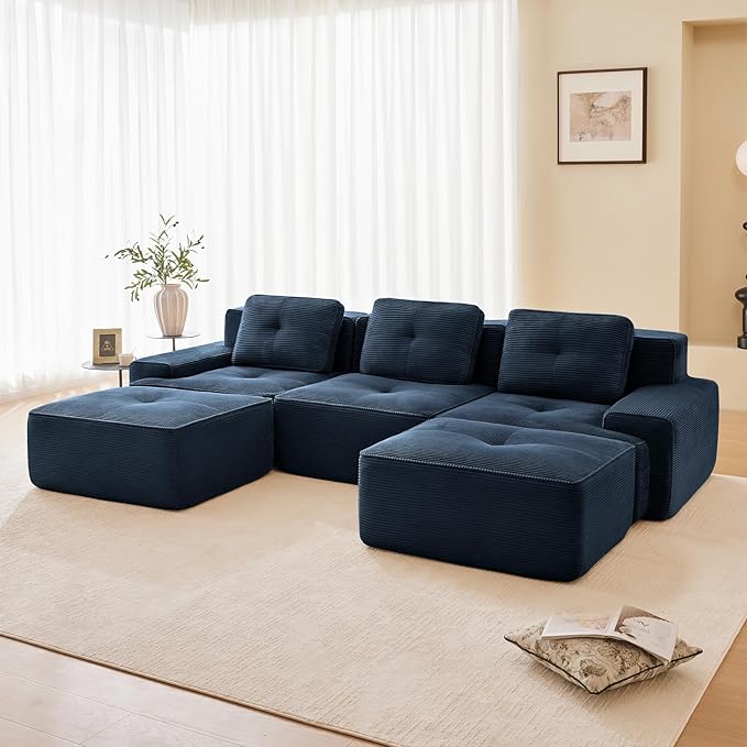 115" Modern Corduroy Cloud Sofa with Ottoman, U Shaped Boneless Modular Large Sectional Couches for Living Room, Blue 3 Seater Compressed Memory Foam Couch, Extra Deep Seat, No Assembly