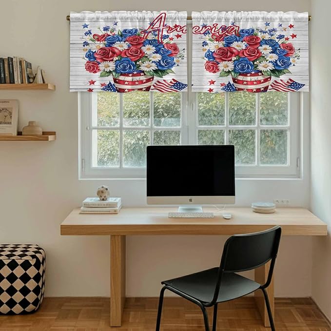 Independence Day Kitchen Tier Curtains 24 Inch Long 2 Panel Set, Rod Pocket