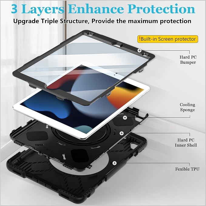 Case for iPad 9th/8th/7th Generation 10.2 Inch Black | Shockproof Protective Silicone Cover with Rotatable Stand-Screen Protector-Handle- Shoulder strap- Pencil holder
