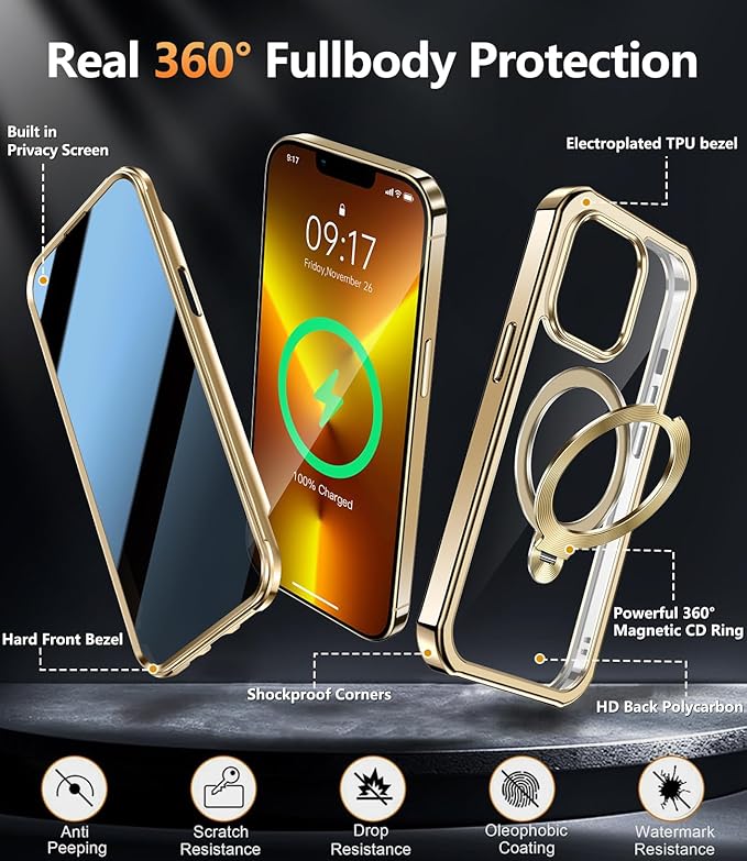 [360° Rotatable CD Stand & Built-in Privacy Screen Magnetic Case for iPhone 13 Pro [Compatible with MagSafe & Full Signal] Mil-Grade Shockproof Full Body Anti-Spy Cover for 13 Pro-Gold