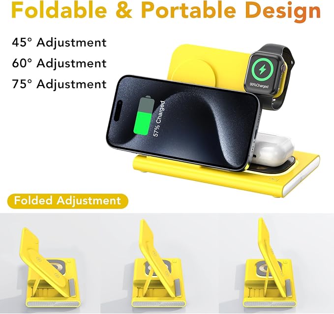 3 in 1 Foldable Wireless Fast Charging Station for Apple Multiple Devices | iPhone Charging Station for iPhone 17 Travel iWatch Charger Stand Light Nightstand Charging Dock for Apple Watch/Airpods