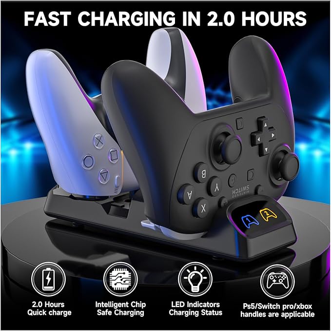 ECHZOVE Switch 2 Pro Controller Charger Dock – Dual Fast Charging Station for Nintendo Switch Pro, PS5, Xbox Series X/S – LED Status Display, Type-C Adapter, Compact Design