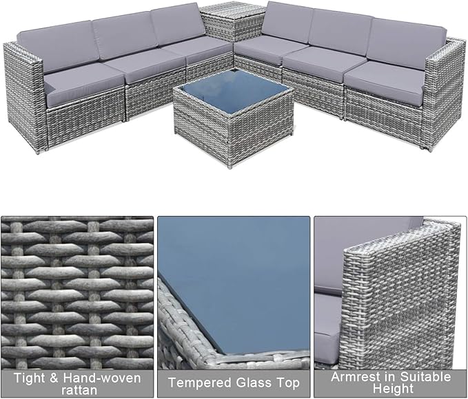 HAPPYGRILL 8 Pieces Patio Conversation Set Outdoor Rattan Furniture Set Sectional Wicker Sofa Set with Cushions and Storage Table for Backyard Garden Poolside