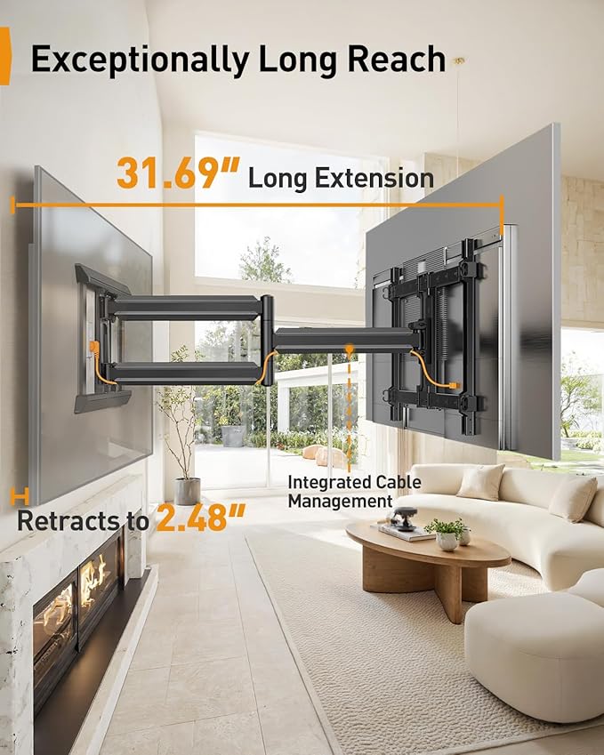 Perlegear Long Arm Full Motion TV Wall Mount for 55–120 inch TVs up to 225 lbs, Pre-Assembled TV Mount with Long Extension, Swivel & Tilt, Fits 16″/18″/24″ Wood Studs, Max VESA 900x600mm, PGXLF03B