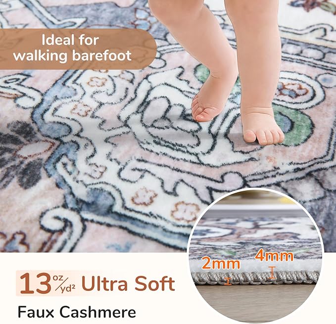 OPPODREAM Thin Area Rugs 4x6, Low-Pile Washable Rugs 4x6 with Non Slip Backing, Faux Cashmere 4 x 6 Throw Carpet, Purple & Green & Cream