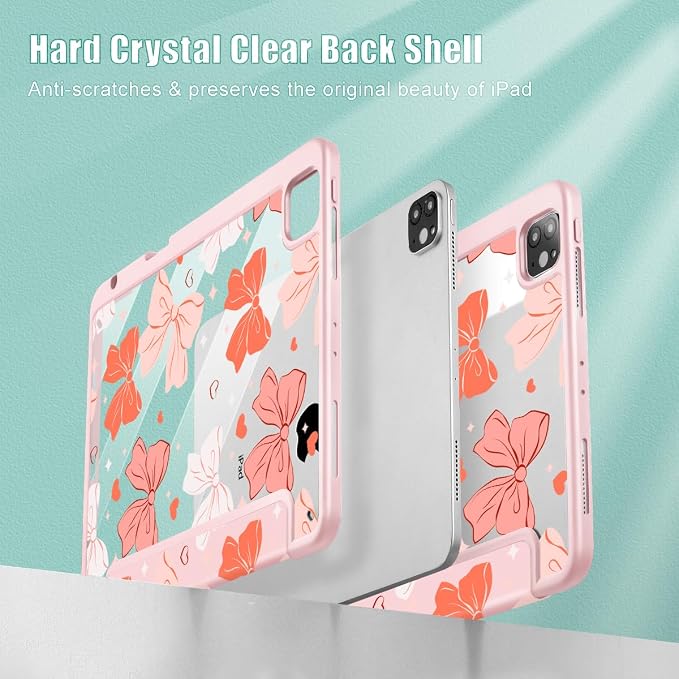 Case for iPad 12.9 Inch (6th/5th/4th/3rd Generation 2022/2021/2020/2018) Pencel Holder + Trifold Support Auto Sleep/Wake Transparent Shockproof Back Cover Abstract Floral SD163