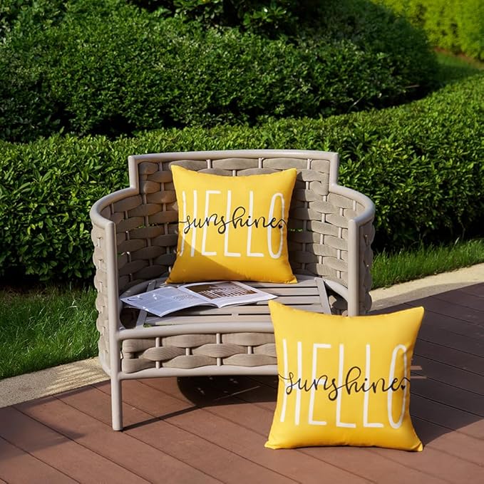 DFXSZ Outdoor Pillow Covers 20x20 Inch Set of 2 Hello Sunshine Decor Yellow Waterproof Throw Pillow Covers Summer Outdoor Waterproof Pillow Covers Decor for Patio Funiture Garden Sofa Couch 020B20