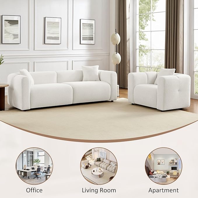 VANOMi 95" Cloud Couch, Comfy Deep Seat Boucle Cloud Sofa, Upholstered 3-Seater Oversized Loveseat Sofa with 2 Pillows, Modern Sofa for Living Room, Bedroom, Office, Apartment (White)