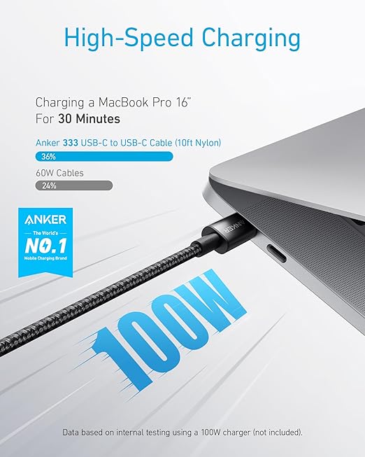 Anker USB C to USB C Cable 100W Fast Charging Cable (2-Pack 10 ft Black) | For iPhone 17 Series MacBook Pro 2020 Pixel and More (Not for Video Output)