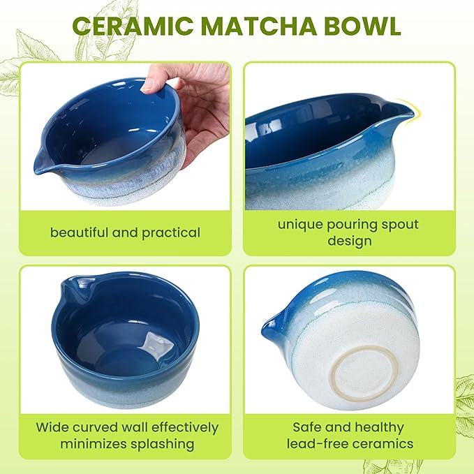 GBBG Matcha Whisk Set, Ceramic Matcha Kit Desert Style, Matcha Whisk and Bowl, Bamboo Scoop and Rest, Sifter and Tea Towel, 7 Pcs Gifts for Matcha Lover (Blue)