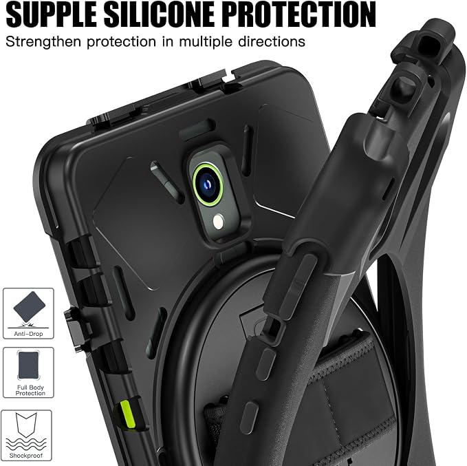 Junfire Case for Samsung Galaxy Tab Active5 8-inch 2024/ Active3 2020 | 360° Rotating Stand Hand Strap Shoulder Strap Pencil Holder Heavy Duty Shockproof Rugged Black T570 X300 Case