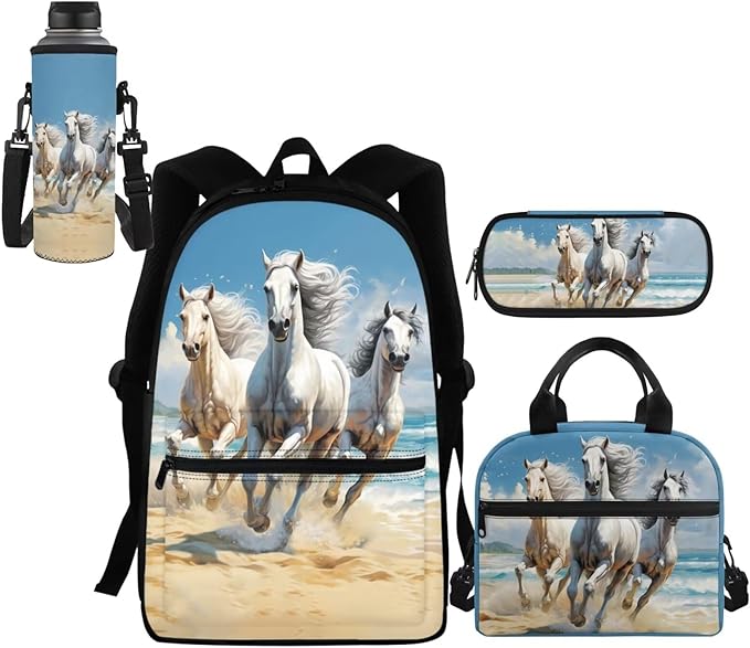 Horse Backpack Purse for Girls Boys Kids School Bag Set 6-8 10-12 14-16 Teen Schoolbag Children Bookbag with Lunch Bag Pencil Case Water Bottle Sleeve Elementary Preschool Rucksack
