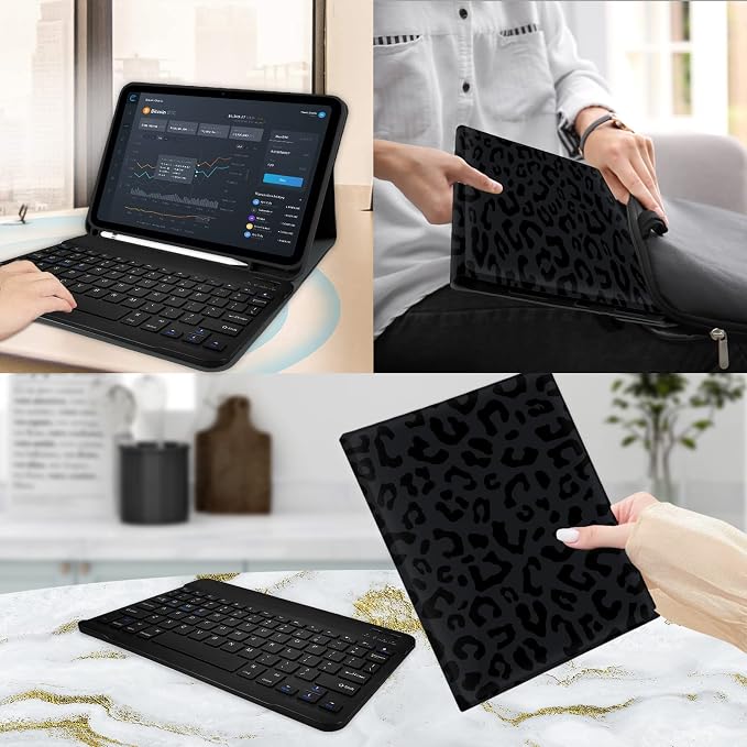 for Bluetooth Keyboard for iPad 10th Gen 10.9 inch (2022) case (A16) 11th / 10th Gen Case 11'' (2025) with 7-Color Backlights Pencil Holder Detachable Rechargeable - Black Cow