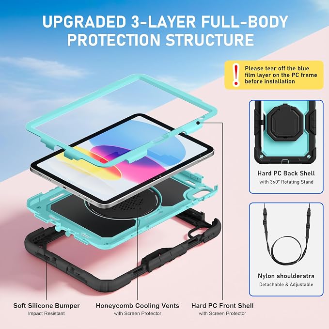 Case for iPad (A16) 11th/10th Generation 11/10.9 2025/2022 Black | Full-body Heavy Duty iPad A16 Case for Adults Kids with Screen Protector 360° Rotating Stand Shoulder Strap Pencil Holder