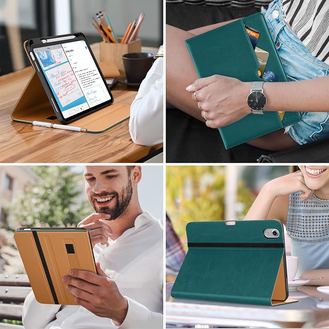 DTTO for iPad (A16) 11th Generation 11-inch &amp 10th Gen Case Brown | Premium Leather Business Cover with Pencil Holder Hand Strap &amp Pocket Corner Protection Auto Sleep/Wake for Work &amp