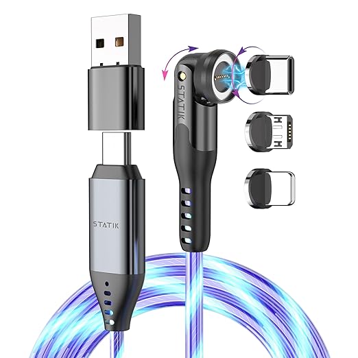 Statik 360 Pro Magnetic Charging Cable - Type C Charger Fast Charging 3 in 1 USB C to USB C Cable Micro USB &amp iProduct Tips USB A Adapter Fits All Devices - 100W Fast Charger Black 10FT/3M