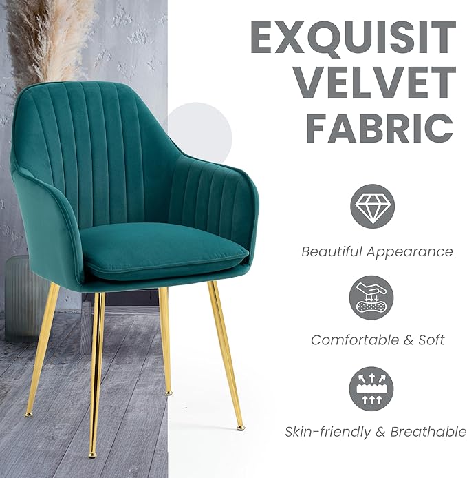 ECOTOUGE Matte Velvet Dining Chairs Set of 6, Modern Arm Chair with Golden Metal Legs, Living Room Accent Chairs for Kitchen, Emerald Green
