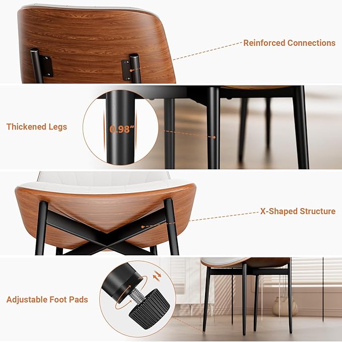 Dining Chairs Set of 6, Dining Room and Kitchen Chairs, FSC Certified Mid Century Modern Accent Chair, Upholstered PU Leather Chairs for Vanity with Walnut Bentwood and Metal Legs, White