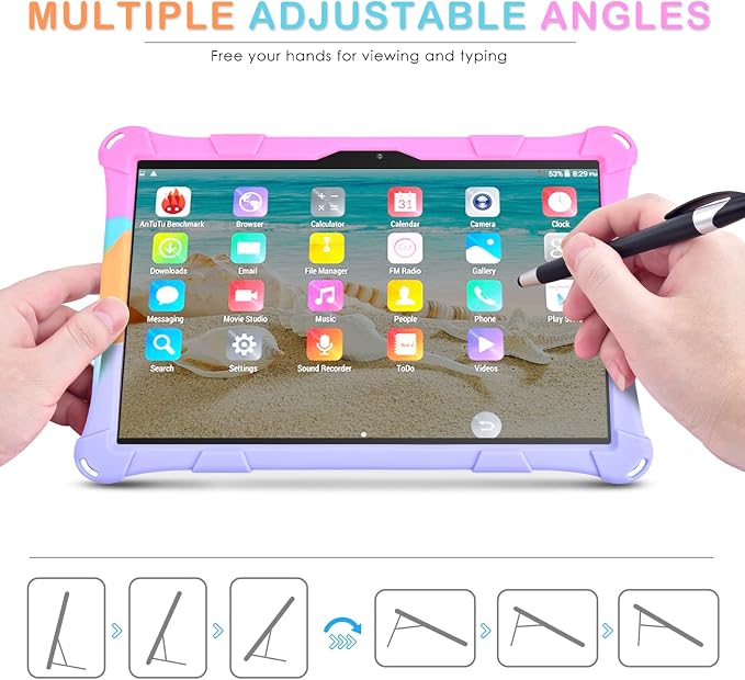 DETUOSI Silicone Case for 10.1 inch Tablet Multi-Angle Case Black | with Shoulder Strap and Stylus Pen Adjustable Stand Built-in Pen Holder Funny Protective Cover for 10.1 inch Tablet