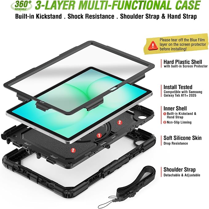 Case Compatible with Galaxy Tab A11 Plus 2026/ A9 Plus 2023 11-Inch Model SM-X230/SM-X236/SM-X238/SM-X210/SM-X216/SM-X218 with Screen Protector Pen Holder Stand Shoulder Strap Handle Grip