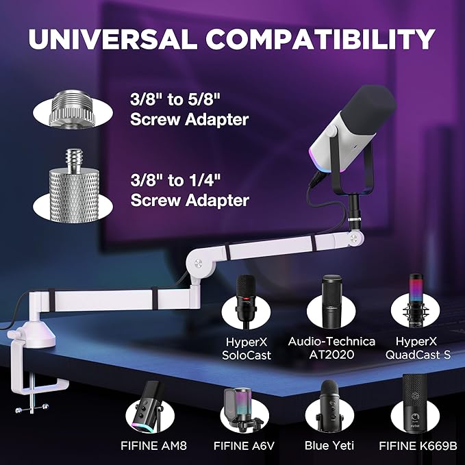 InnoGear Low Profile Mic Arm, 360° Rotatable Microphone Boom Arm Mic Stand for Fifine AM8 K669B Blue Yeti HyperX QuadCast SoloCast AT2020, with Mic Clip 3/8" to 5/8", 3/8" to 1/4" Adapter, White